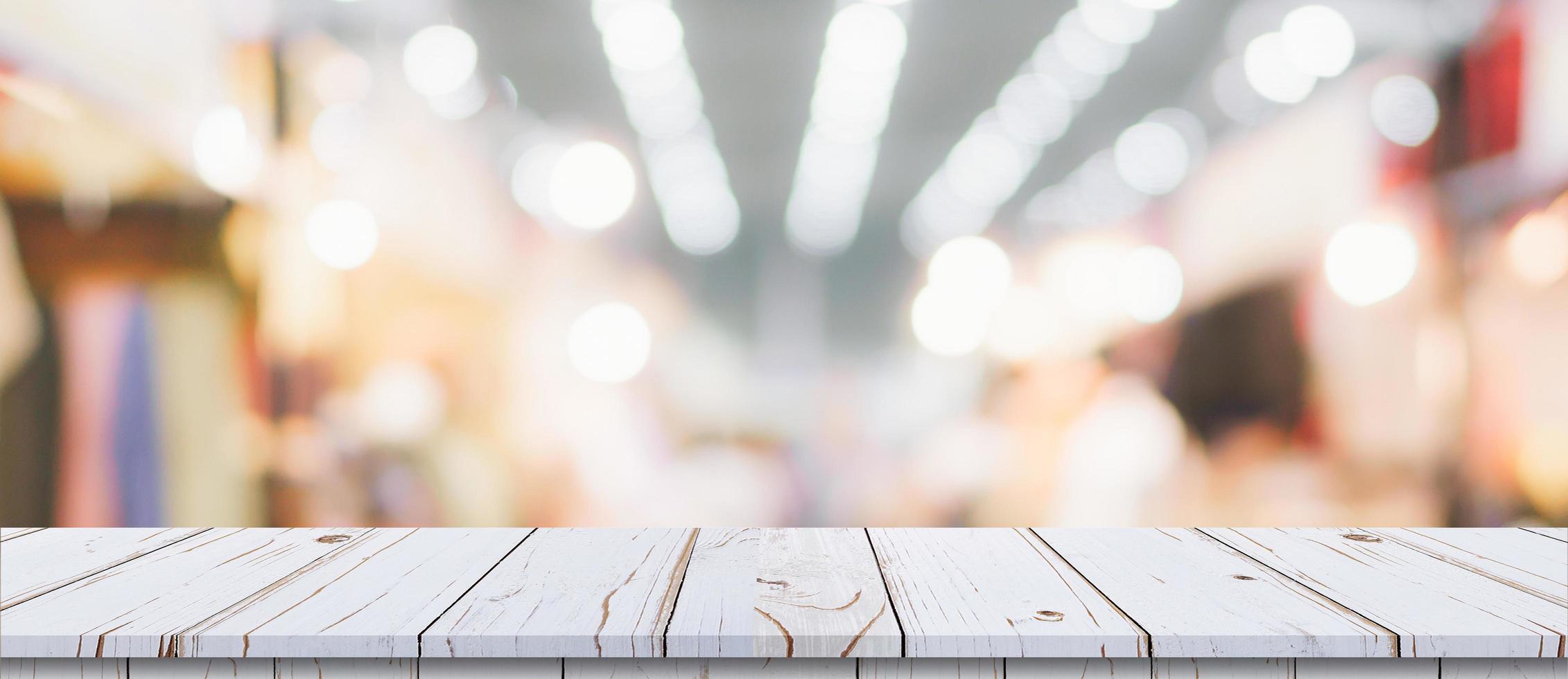 Abstract blurred image of department store with wooden table counter background for show , promote ,design on display concept photo