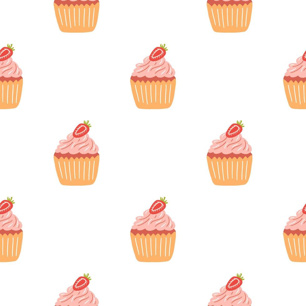 Seamless pattern with delicious cupcake in cartoon style. Vector background with sweets, dessert, pastries.