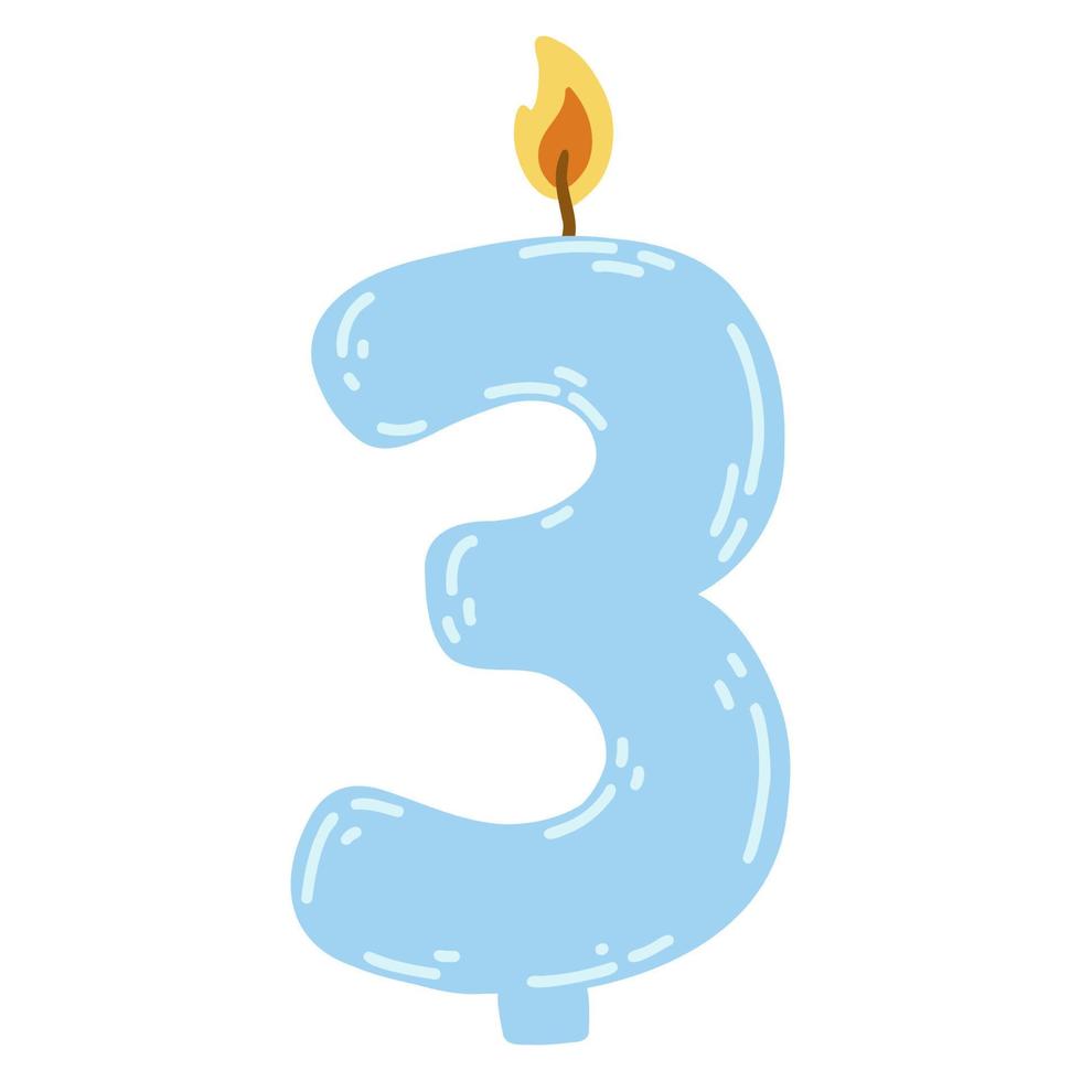 Candle number three in flat style. Hand drawn vector illustration of 3 symbol burning candle, design element for birthday cakes