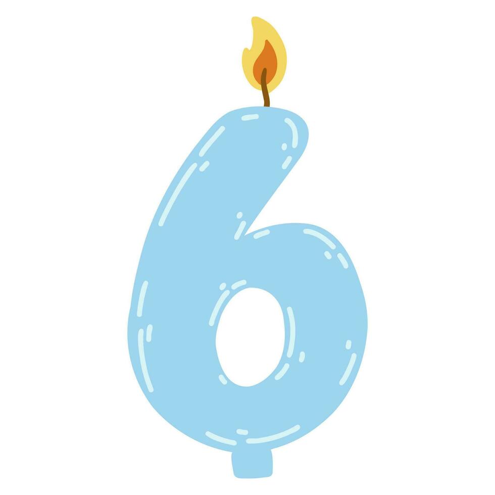 Candle number six in flat style. Hand drawn vector illustration of 6 symbol burning candle, design element for birthday cakes