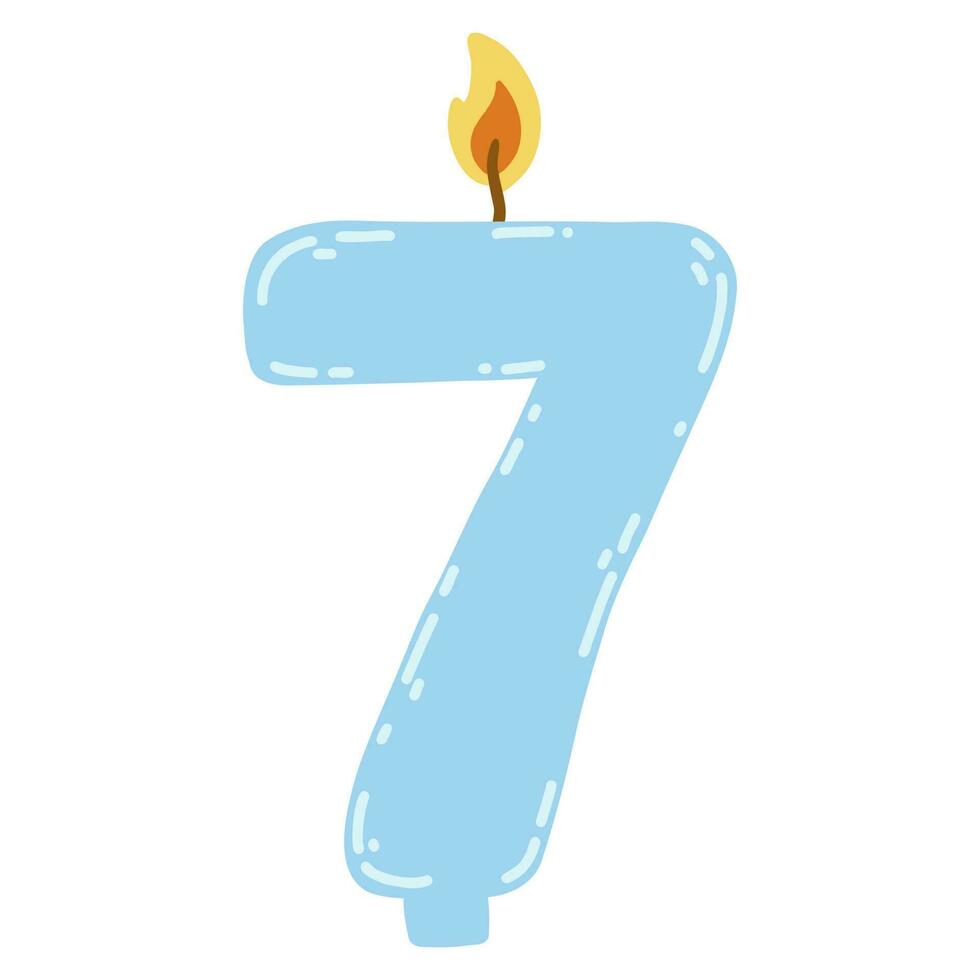 Candle number seven in flat style. Hand drawn vector illustration of 7 symbol burning candle, design element for birthday cakes