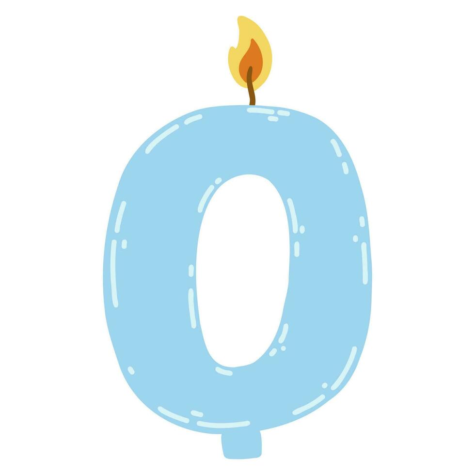Candle number zero in flat style. Hand drawn vector illustration of 0 symbol burning candle, design element for birthday cakes