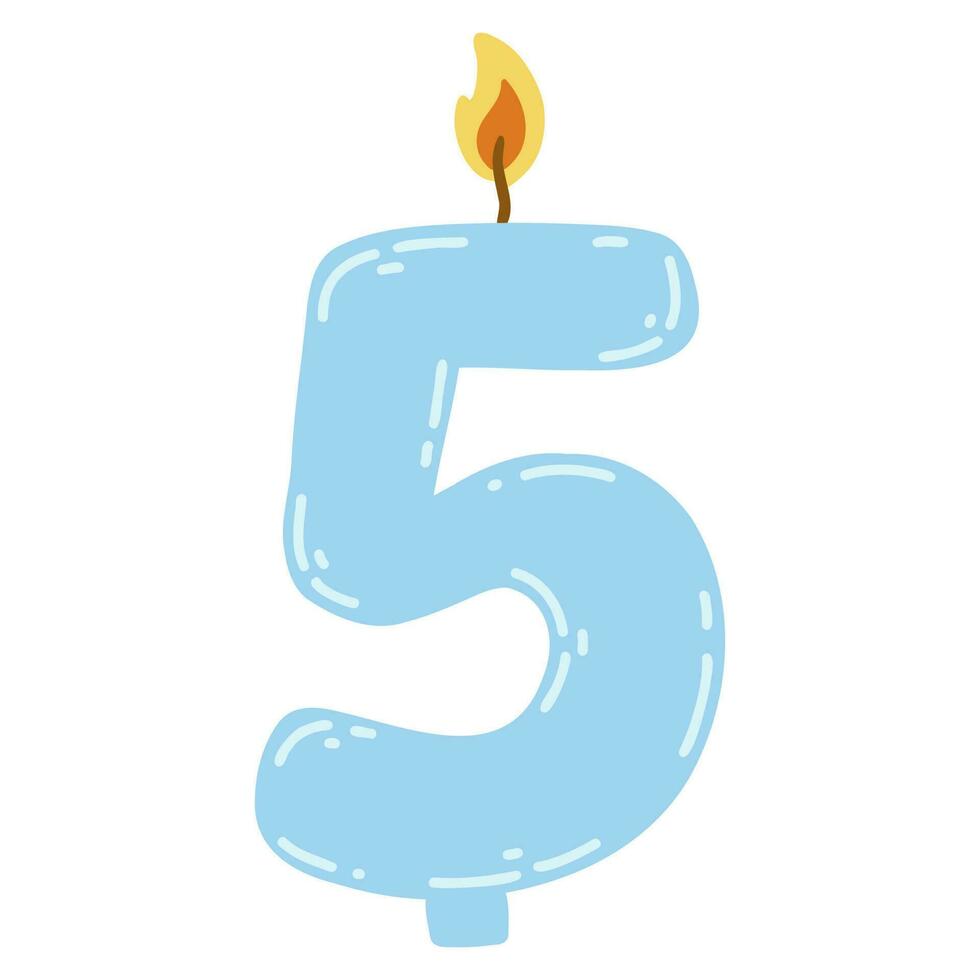 Candle number five in flat style. Hand drawn vector illustration of 5 symbol burning candle, design element for birthday cakes