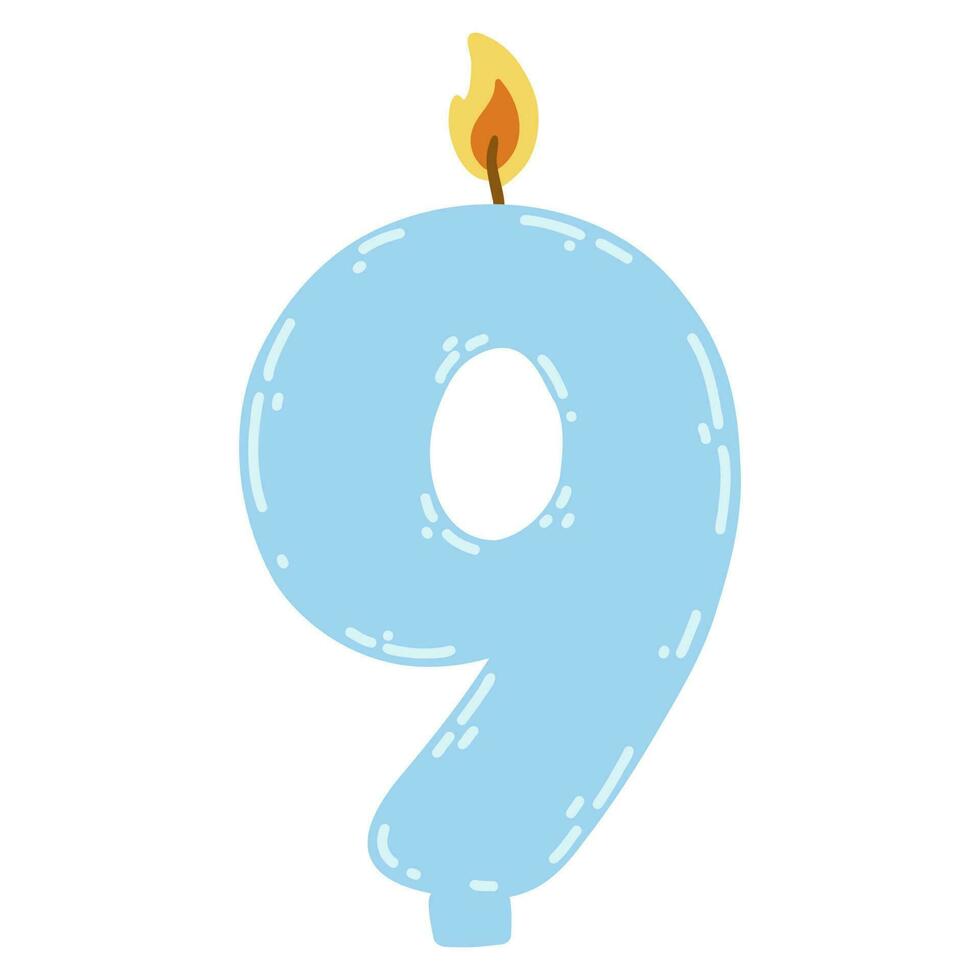 Candle number nine in flat style. Hand drawn vector illustration of 9 symbol burning candle, design element for birthday cakes