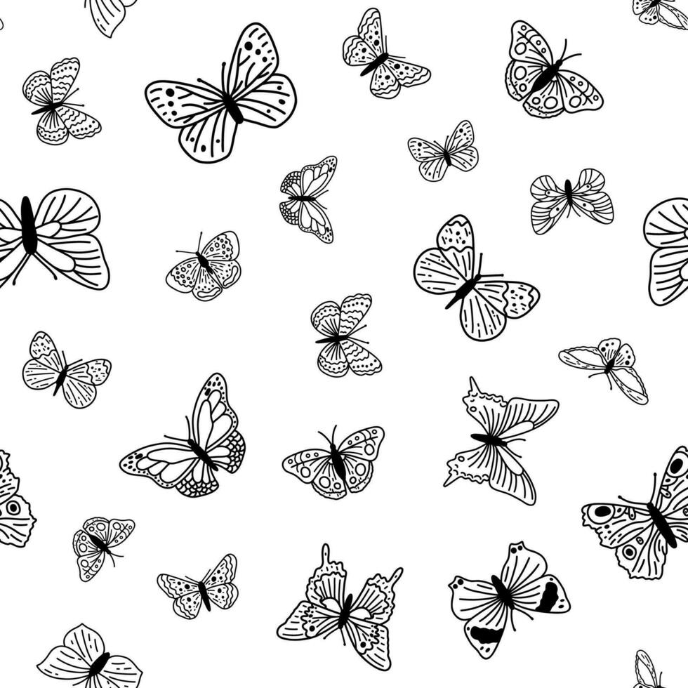 patrón sin costuras con mariposas de fideos. fondo vectorial dibujado a mano con insectos, ilustración de línea, colección entomológica vector