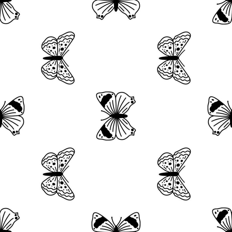 Seamless pattern with doodle butterflies. Hand drawn vector background with insects, line illustration, entomological collection