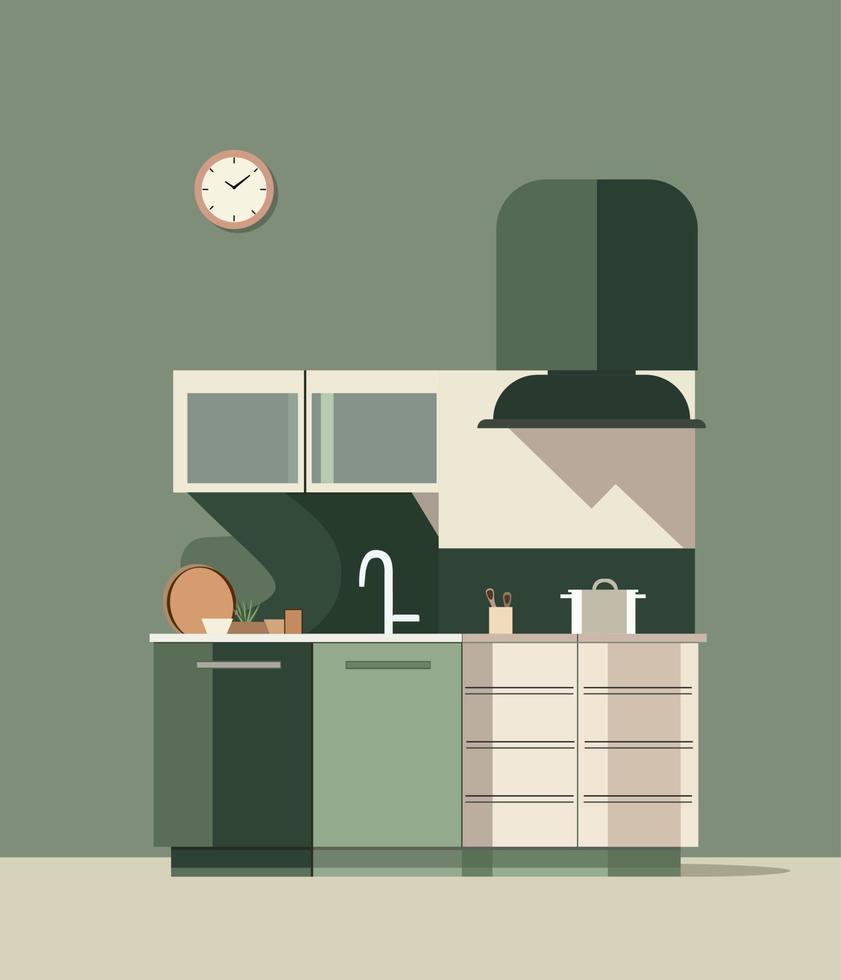 green kitchen with front view furniture. 2d flat image room interior vector