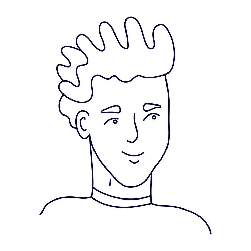 Doodle portrait of a cute guy with fashionable haircut. Isolated outline. Hand drawn vector illustration in black ink on white background.