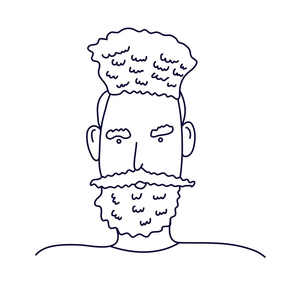 Doodle portrait of a guy with curly hair. Isolated outline. He has a beard and a mustache. Hand drawn vector illustration in black ink on white background