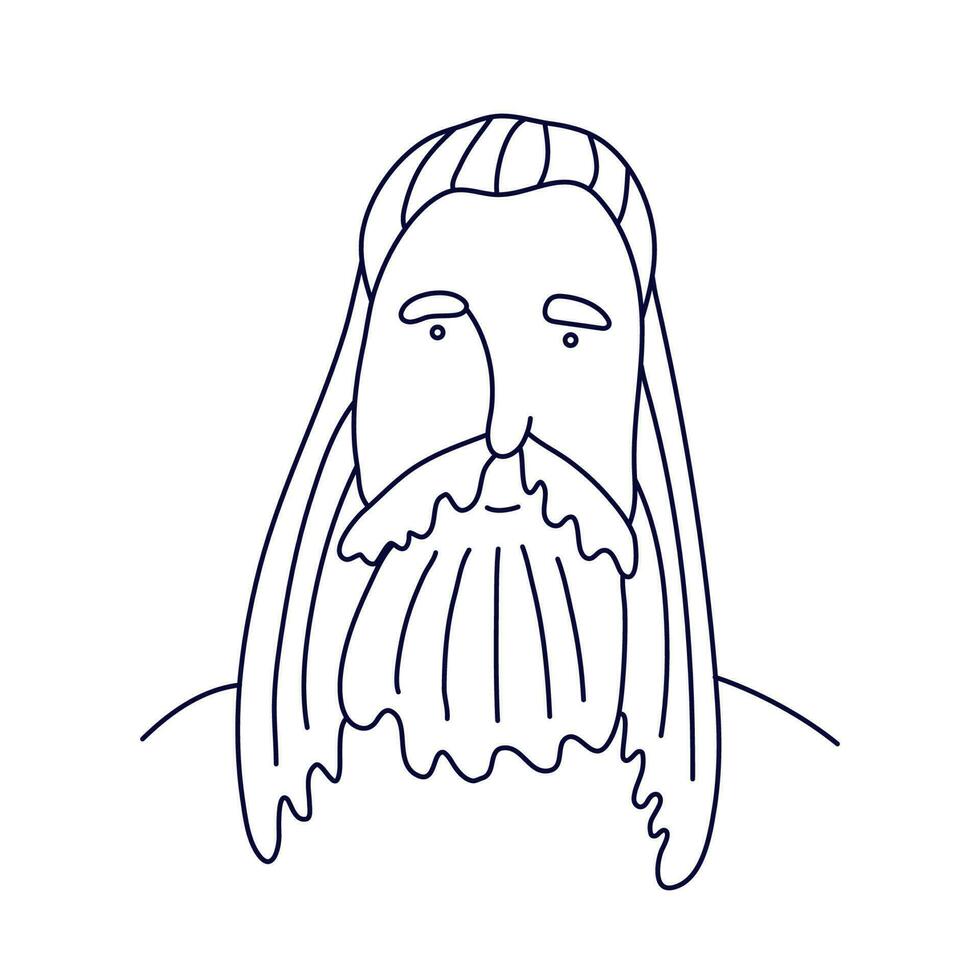 Doodle portrait of a man with long hair, a beard and a mustache. Isolated outline. Hand drawn vector illustration in black ink on white background.