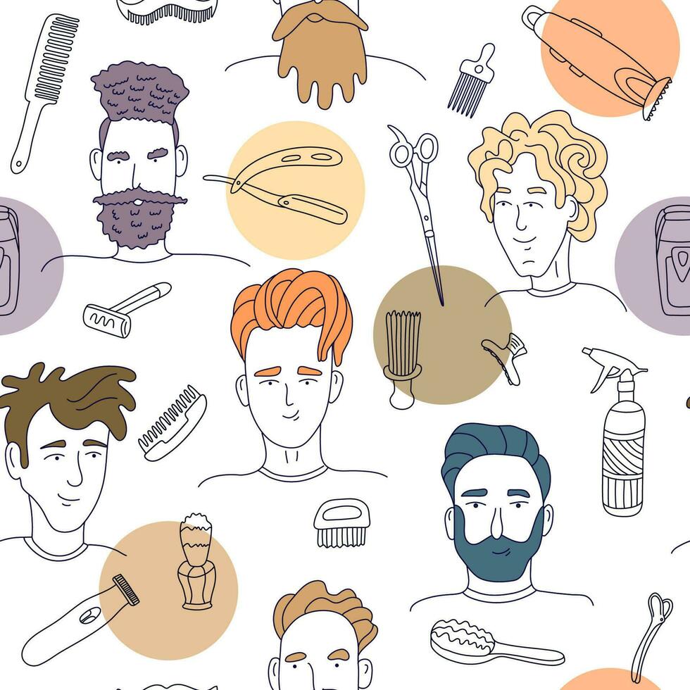 Seamless pattern with man faces and hairdressing tools. Doodle style illustration in black ink with color elements. Great gor barbershops design, wrapping papers, wallpapers, covers. vector