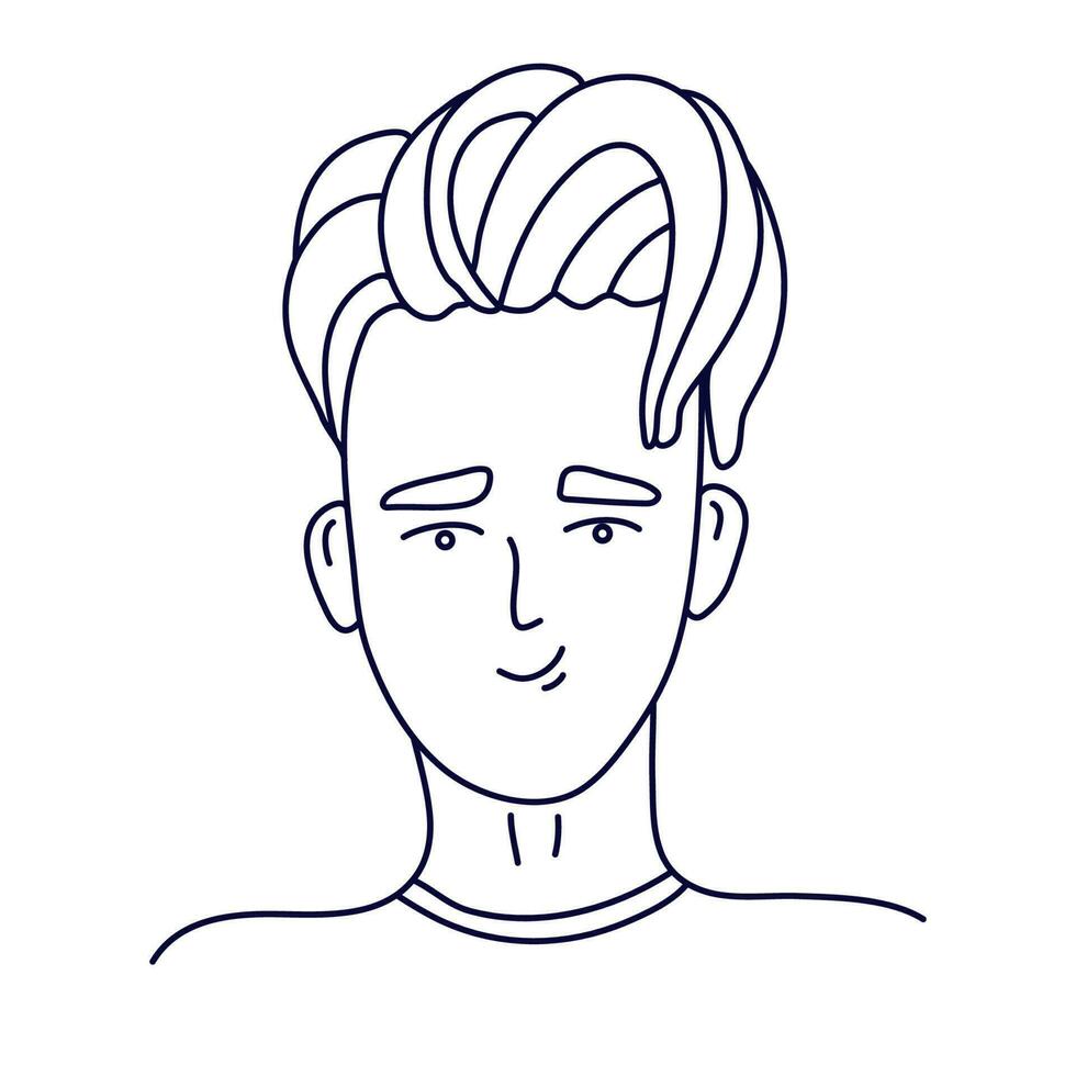 Doodle portrait of a guy with stylish haircut. Isolated outline. Hand drawn vector illustration in black ink on white background.