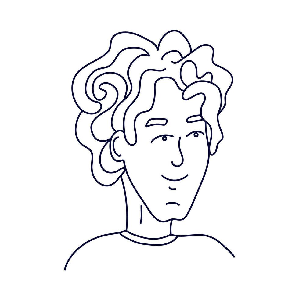 Doodle portrait of a guy with long curly hair. Isolated outline. Hand drawn vector illustration in black ink on white background