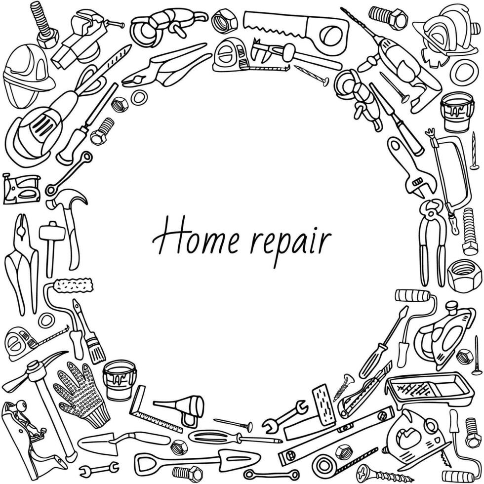 Home repair tools frame. Hand drawn vector illustration isolated on white. Doodle border design