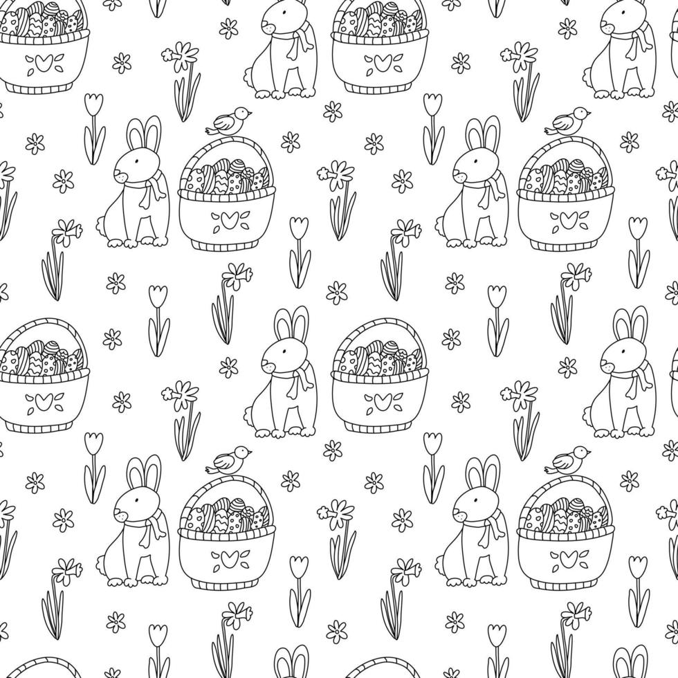 Vector seamless pattern with Easter bunnies, flowers and baskets full of eggs on white background. Great for fabrics, wrapping papers, wallpapers, covers. Doodle style illustration, black outline.