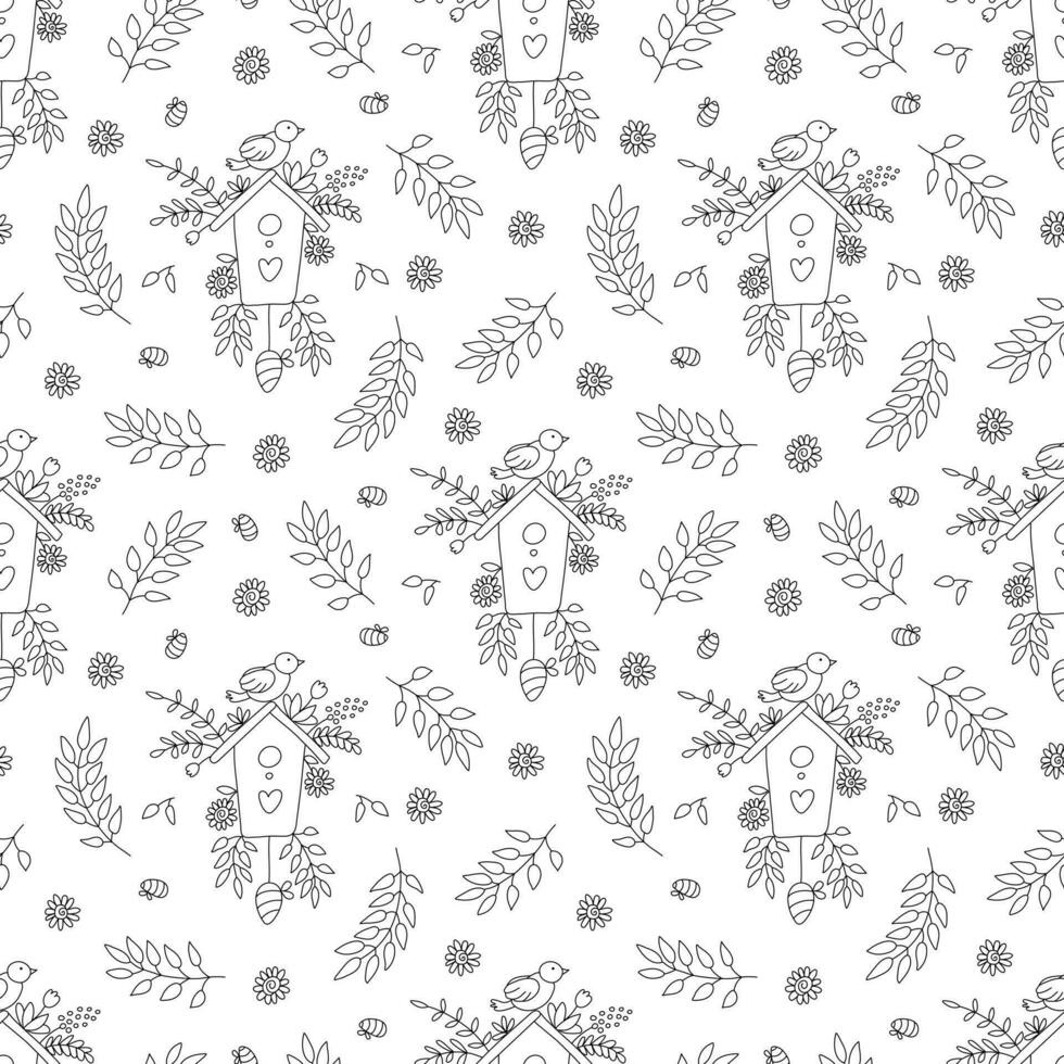 Vector seamless pattern with birds and birdhouses decorated with tree branches on white background. Great for fabrics, wrapping papers, wallpapers, covers. Doodle style illustration, black outline.