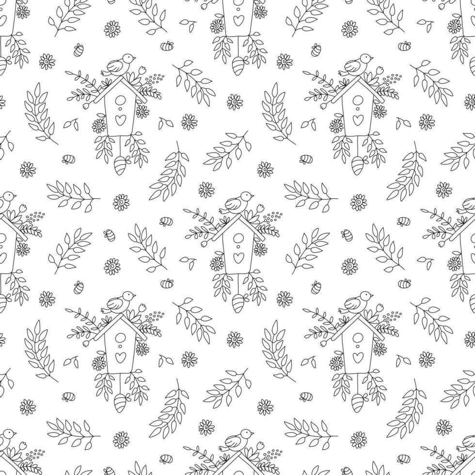 Vector seamless pattern with birds and birdhouses decorated with tree branches on white background. Great for fabrics, wrapping papers, wallpapers, covers. Doodle style illustration, black outline.