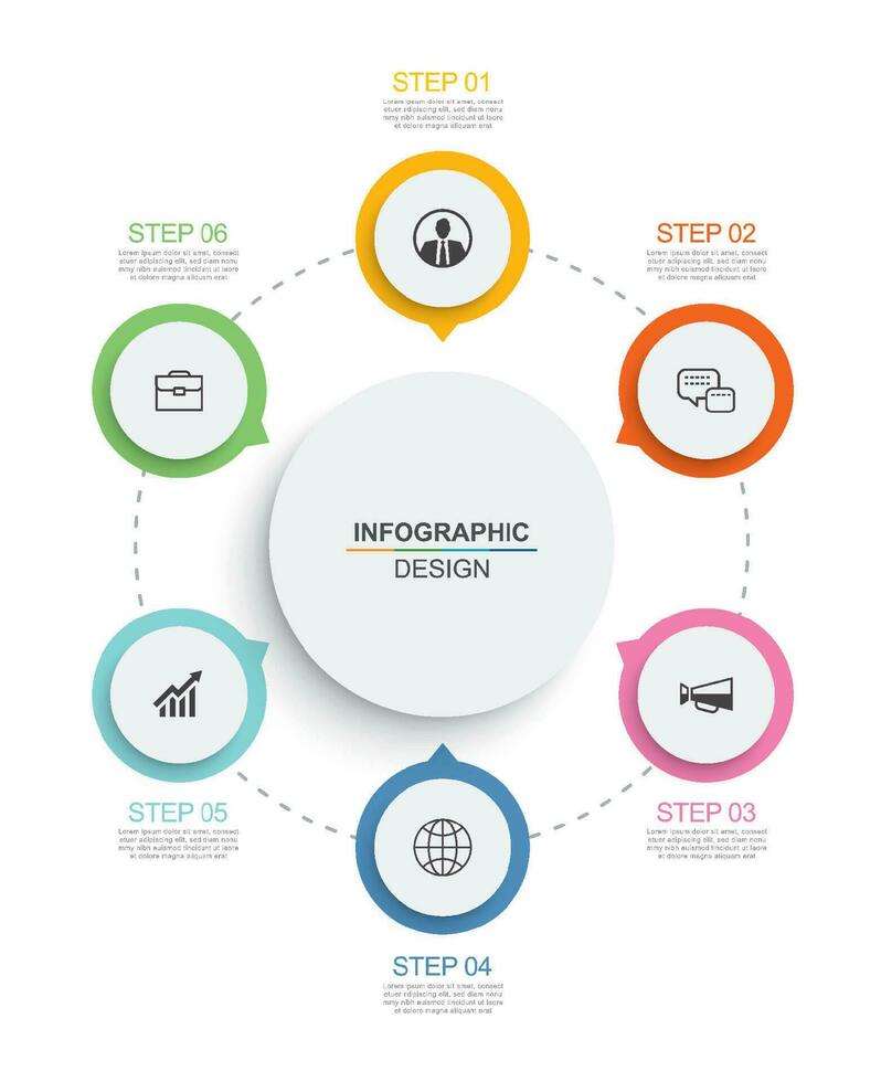 Infographics circle timeline with 6 number data template. Vector illustration abstract background.