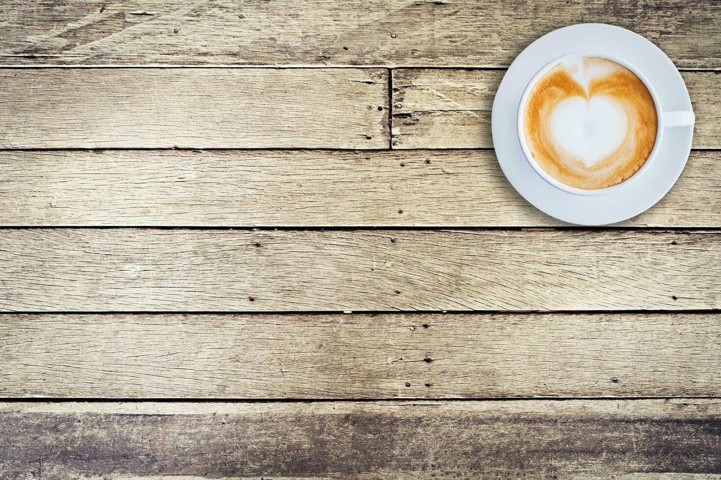 Top view coffee mug on wood background with space. photo