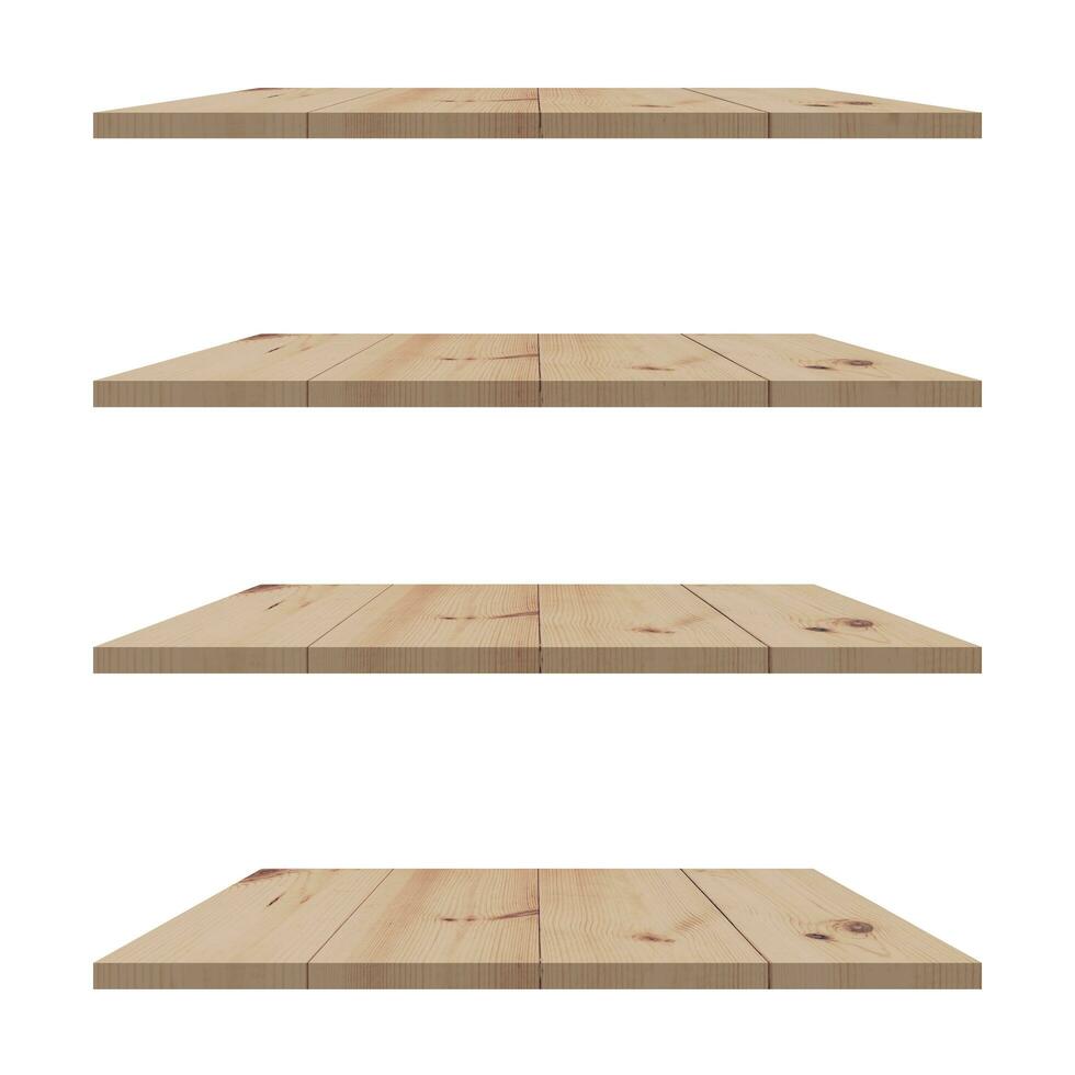 4 Wood shelves table isolated on white background and display montage for product. photo