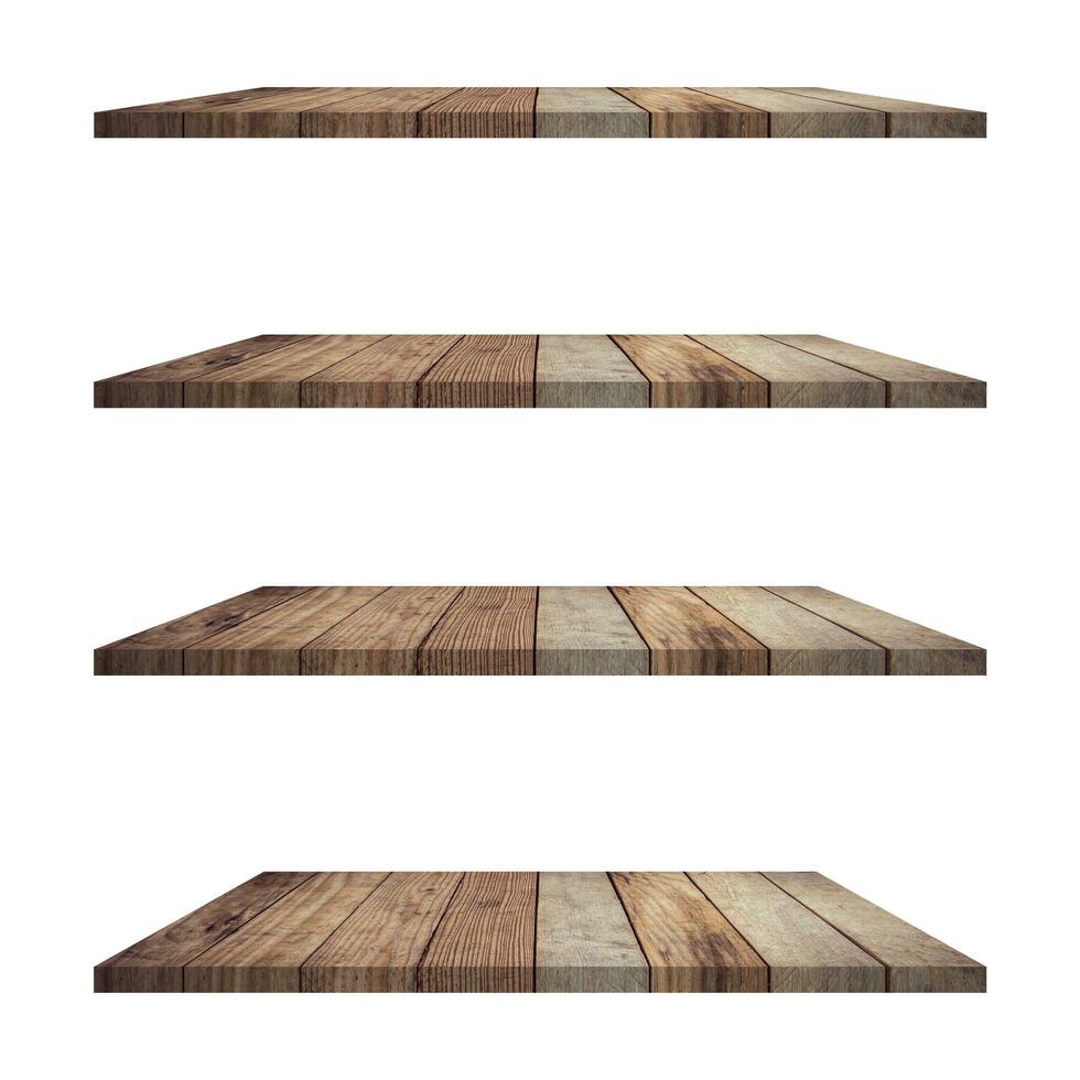 4 Wood shelves table isolated on white background and display montage for product. photo