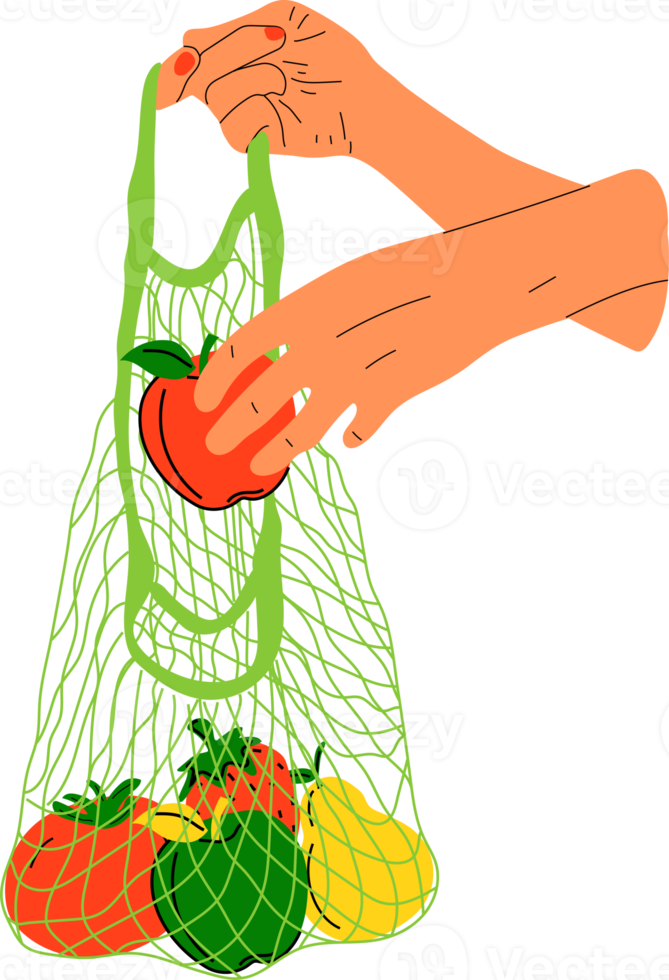 main tenir éco sac. gens apporter posséder sac pour épicerie. réutilisable Plastique gratuit pack avec aliments. zéro déchets des produits pour achats png