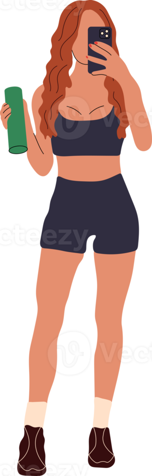 Sporty young Girl taking a selfie on smartphone.Fit woman in gym athletic clothing. Girl takes mirror selfie with a smartphone. png