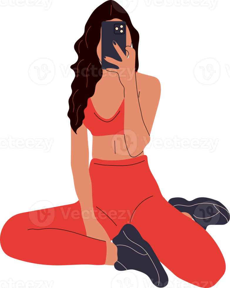 Sporty young Girl taking a selfie on smartphone.Fit woman in gym athletic clothing. Girl takes mirror selfie with a smartphone. png