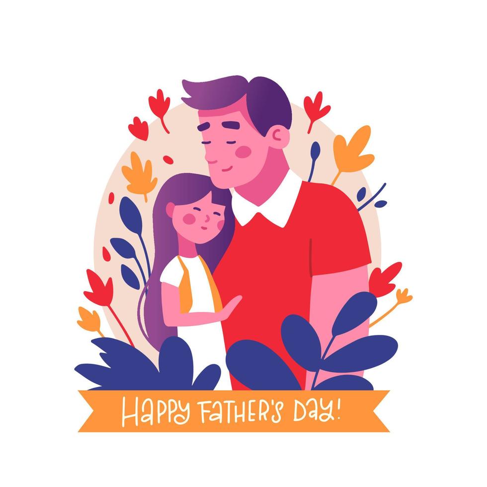 Happy father's day greeting card design. Inscription Best daddy ever. Vector flat hand drawn illustrations with father and girl child with floral decor.