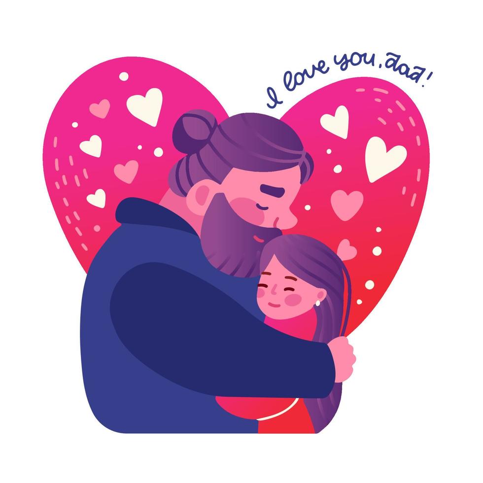 Happy father s day greeting card. Dad happily holds his daughter in heart shape background. Daddy and his girl hugging. Vector flat hand drawn illustration.