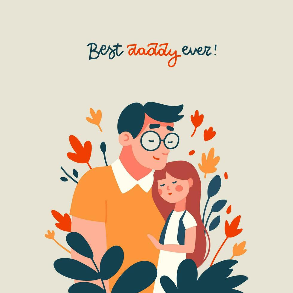 Loving Father and girl daughter child hugging together. Love of dad and his child. Family relationships. Support and love. Warm hugs. Happy Man and kid with floral decor. Flat vector illustration