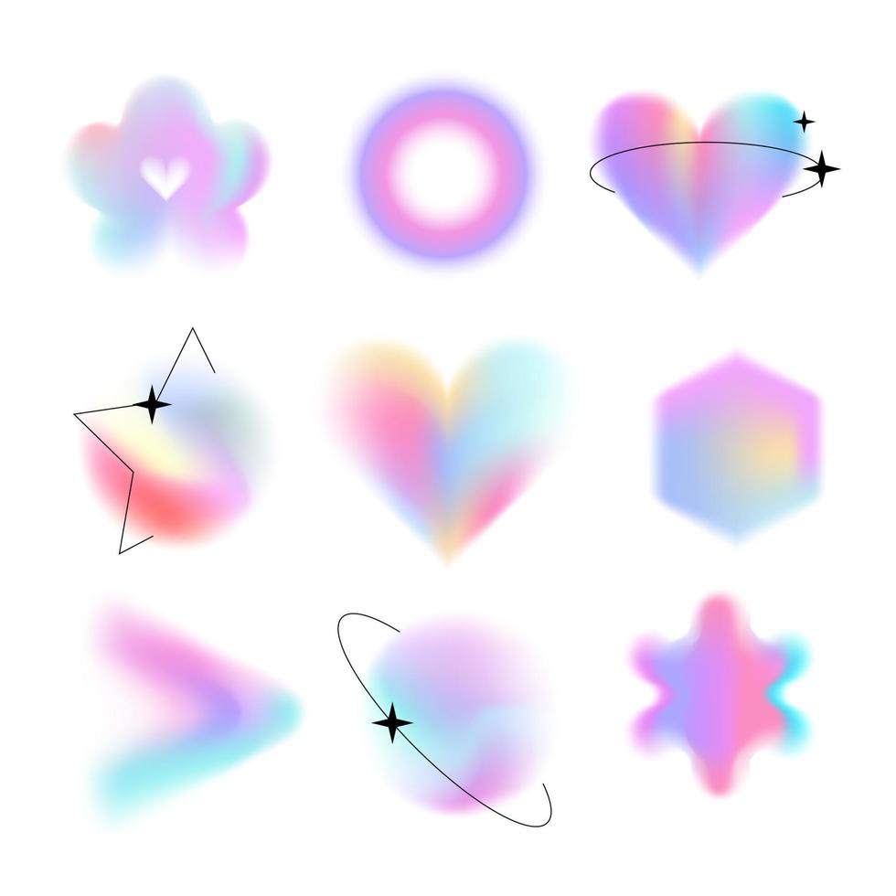 Y2k style blurred gradient shapes set with linear forms and sparkles, blurry heart and circles aura aesthetic elements. Modern minimalistic signs with blur holo lilac gradients. Vector design.