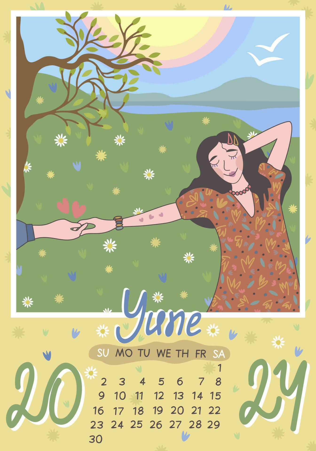 June 2024. Calendar A4. Week starts on Sunday, vector illustration