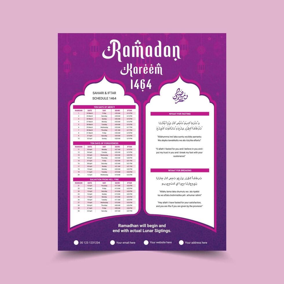 conception du calendrier du ramadan 2023. modèle de maquette de calendrier,  dua du calendrier islamique et horaire de l'horaire prêt à imprimer  illustration vectorielle 17016999 Art vectoriel chez Vecteezy