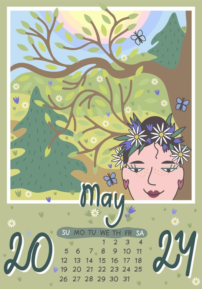 April 2024. Calendar A4. Week starts on Sunday, vector illustration.