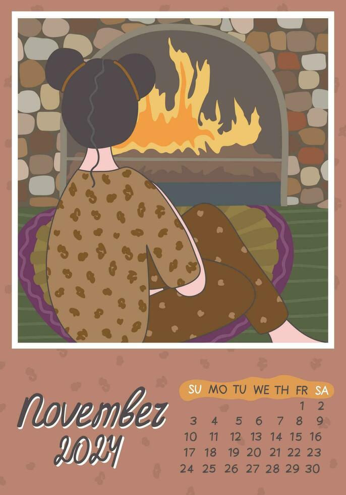 November 2024. Calendar A4. Week starts on Sunday, vector illustration.