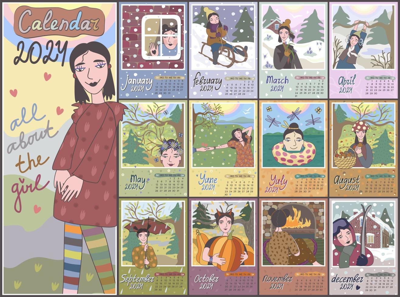 Calendar 2024. Colorful monthly calendar with cute little girl in different situations. Cover and 12 monthly pages. Week starts on Sunday, vector illustration. A3, A4 formats of month pages.