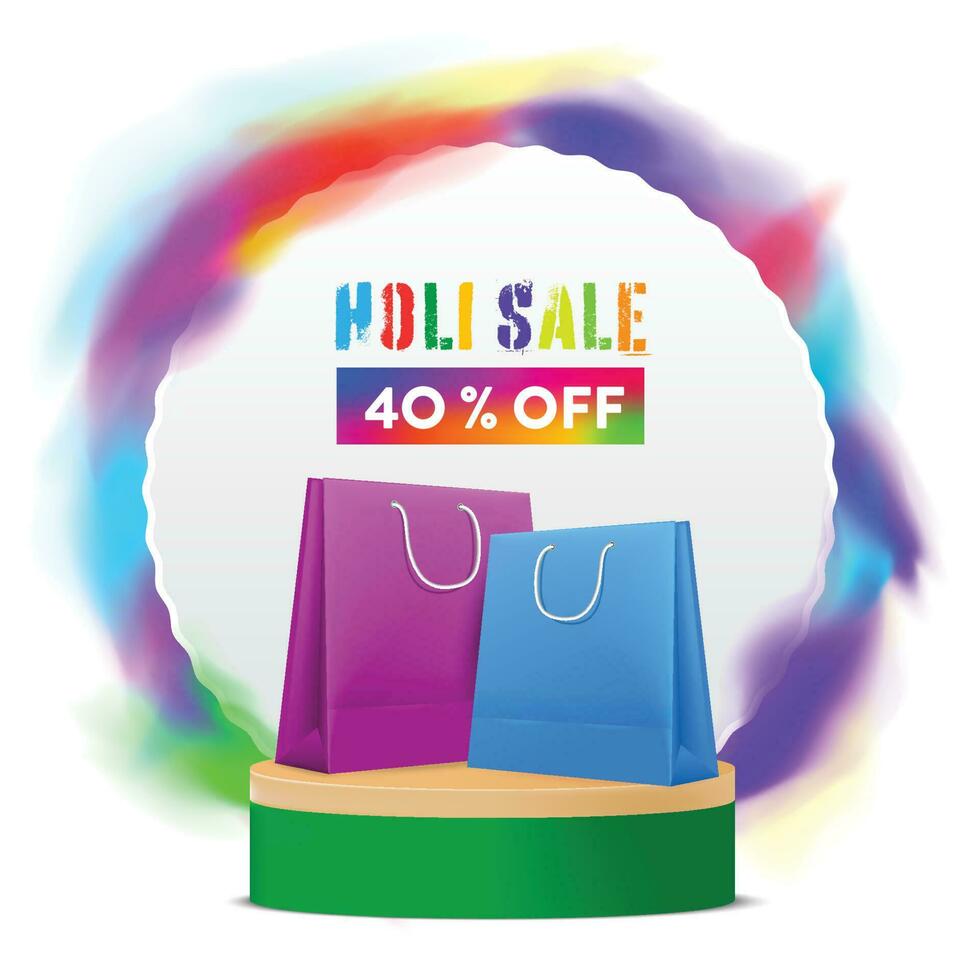 Holi sale template. shopping bags on podium with colourful background vector