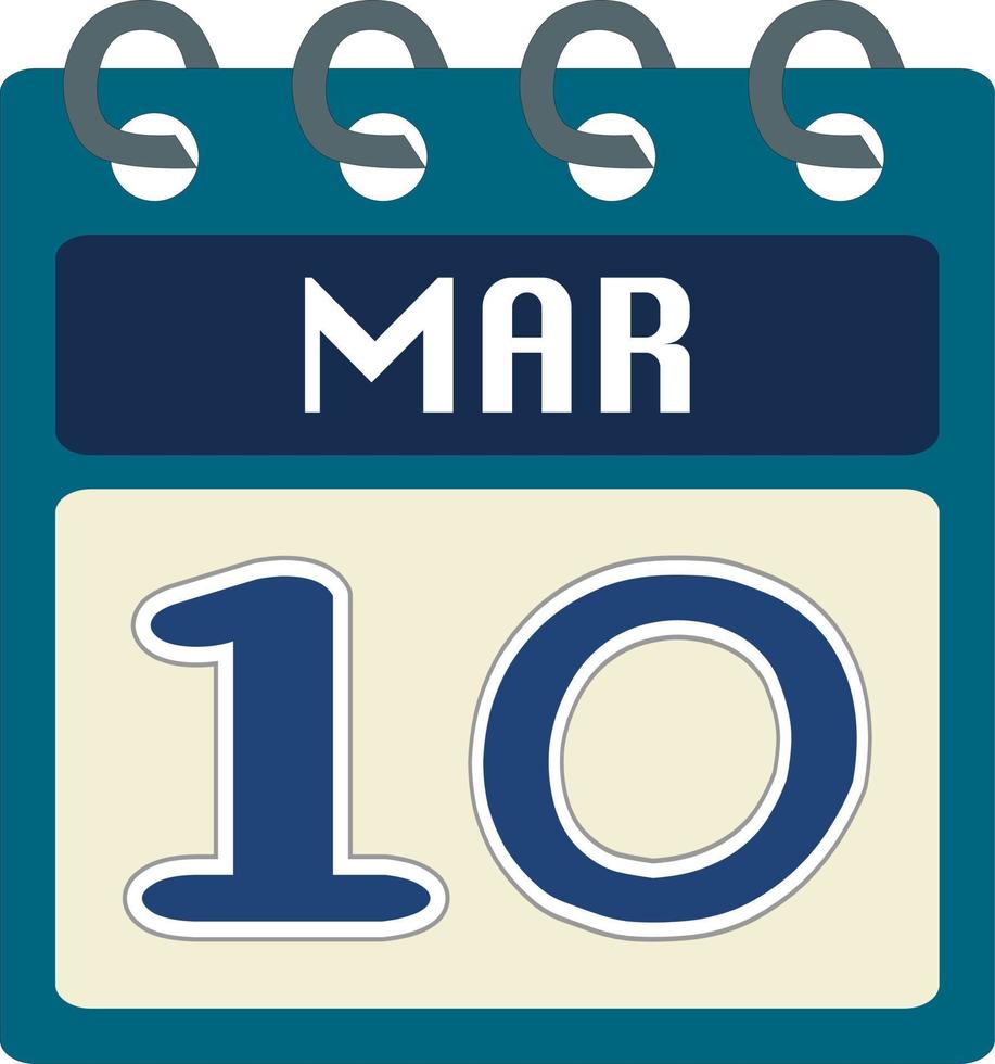 Flat icon calendar 10 of March. Date, day and month. Vector illustration . Blue teal green color banner .