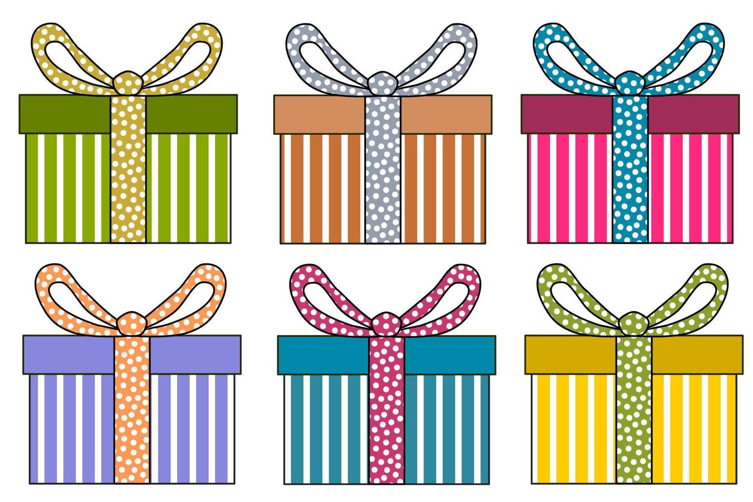 regalo cajas, regalos aislado en blanco. vistoso envuelto. venta, compras concepto. colección para cumpleaños, Navidad. vector dibujos animados plano diseño. verde naranja , rosado , Violeta, púrpura , azul , amarillo