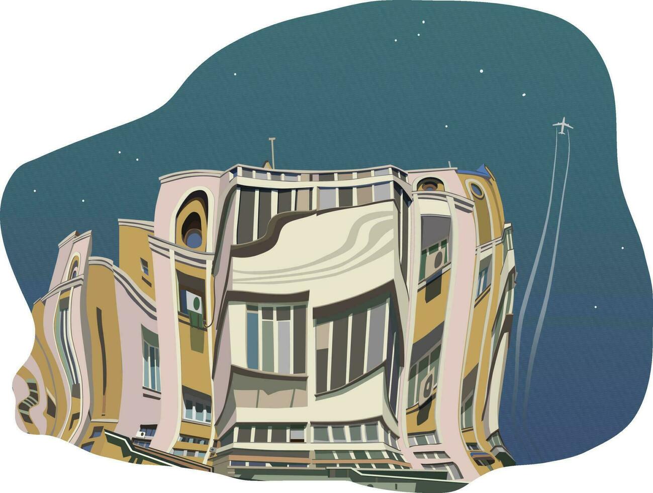 Multi-storey building in reflection. Dancing House. Vector. vector