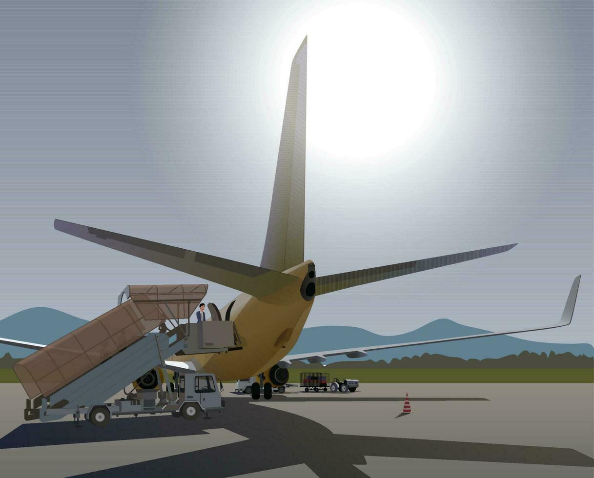 The tail of the plane at the airfield. Great sun. Vector. vector