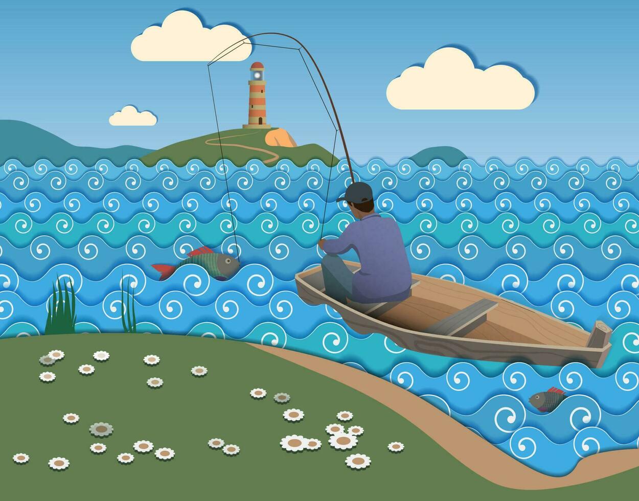 A fisherman on a boat caught a big fish. Vector. vector