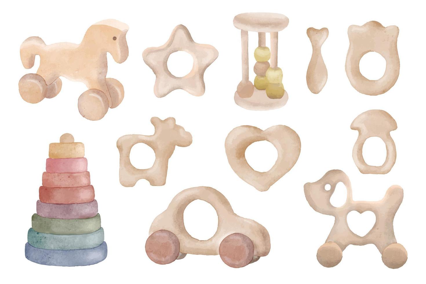 Baby wooden toy teethers for newborns watercolor illustration. vector