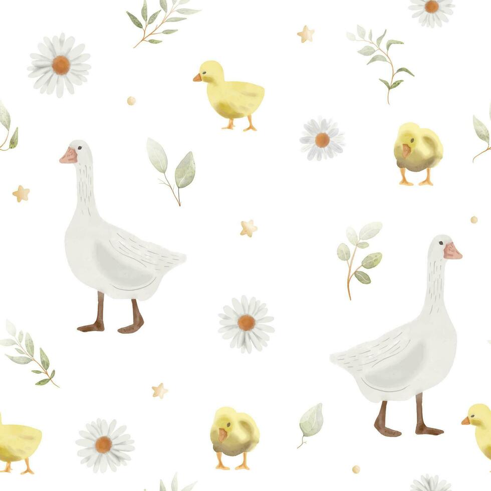 Seamless watercolor pattern goose and little ducklings with sprigs of leaves and daisies. vector