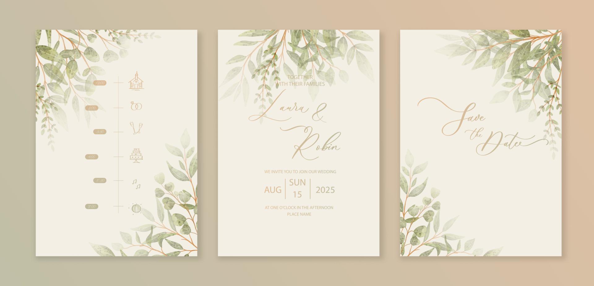 Luxury wedding invitation card background with green watercolor botanical leaves. Abstract floral art background vector design for wedding and vip cover template.