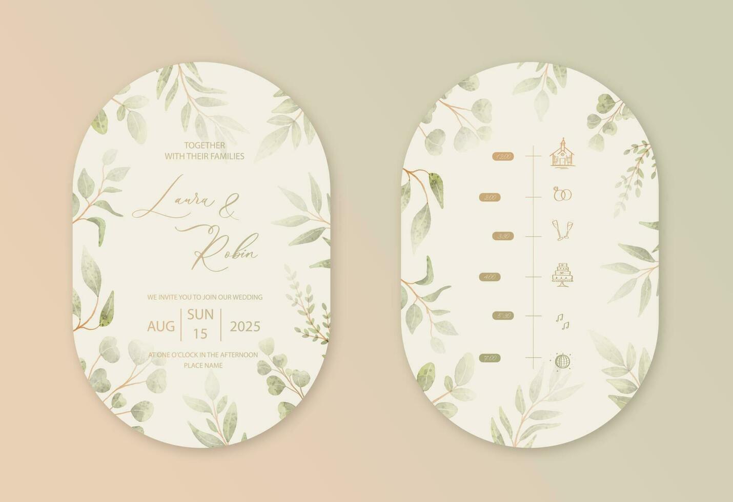 Luxury double arch wedding invitation card background with green watercolor botanical leaves. Abstract floral art background vector design for wedding and vip cover template.