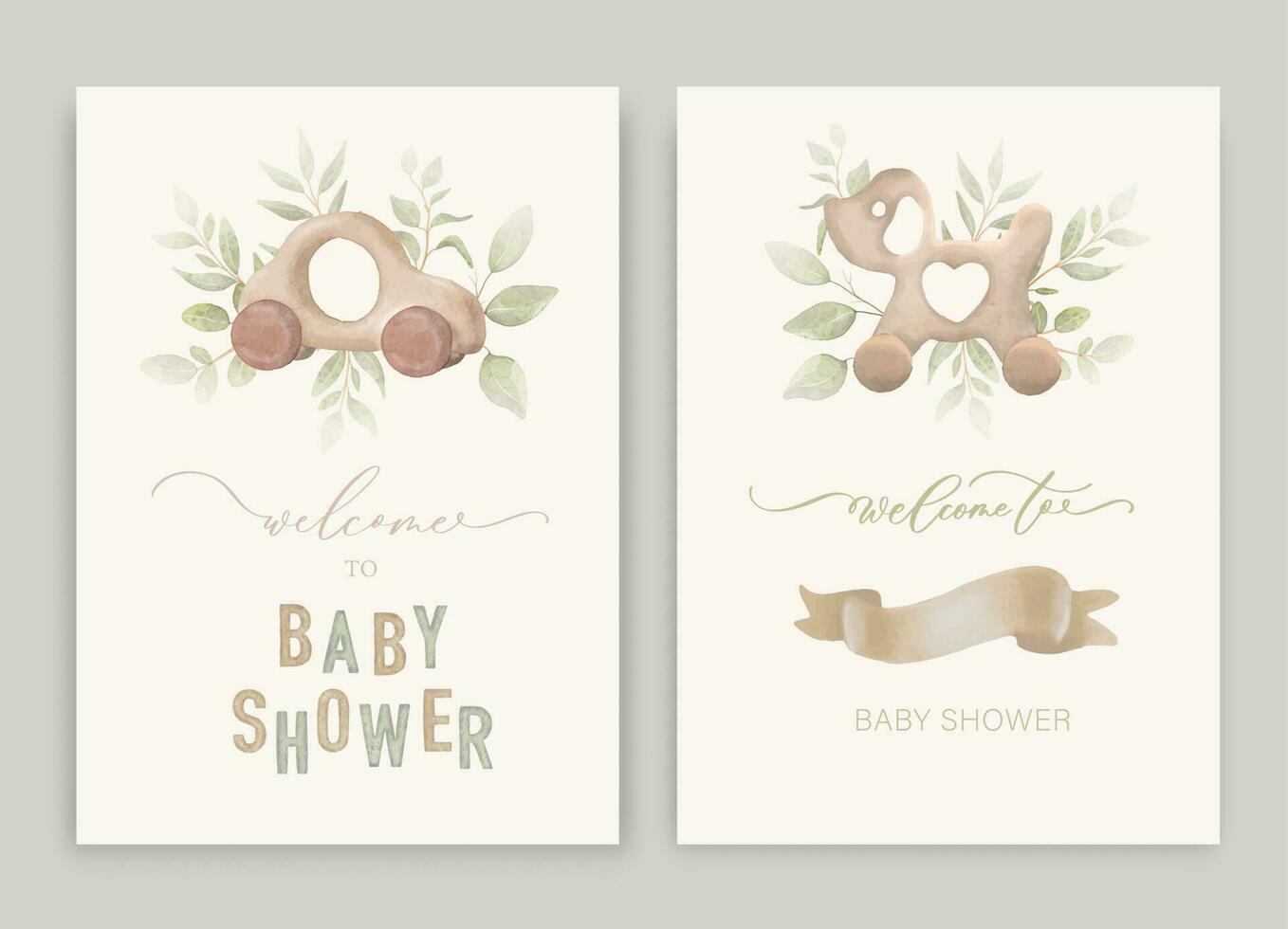Cute baby shower watercolor invitation card for baby and kids new born celebration. With wooden car, green leaves and calligraphy inscription. vector