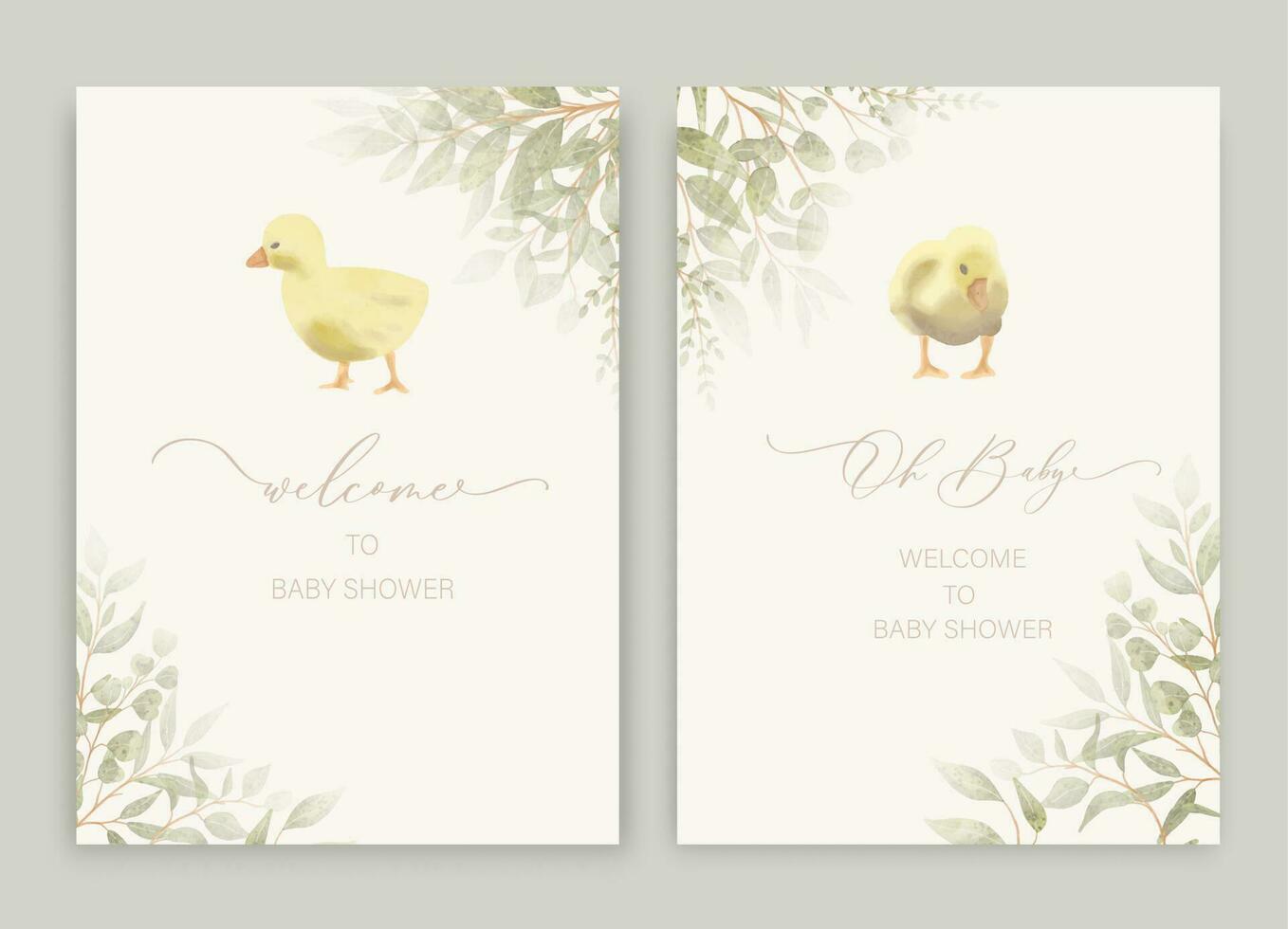 Cute baby shower watercolor invitation card for baby and kids new born celebration. Little ducklings with green leaves. vector
