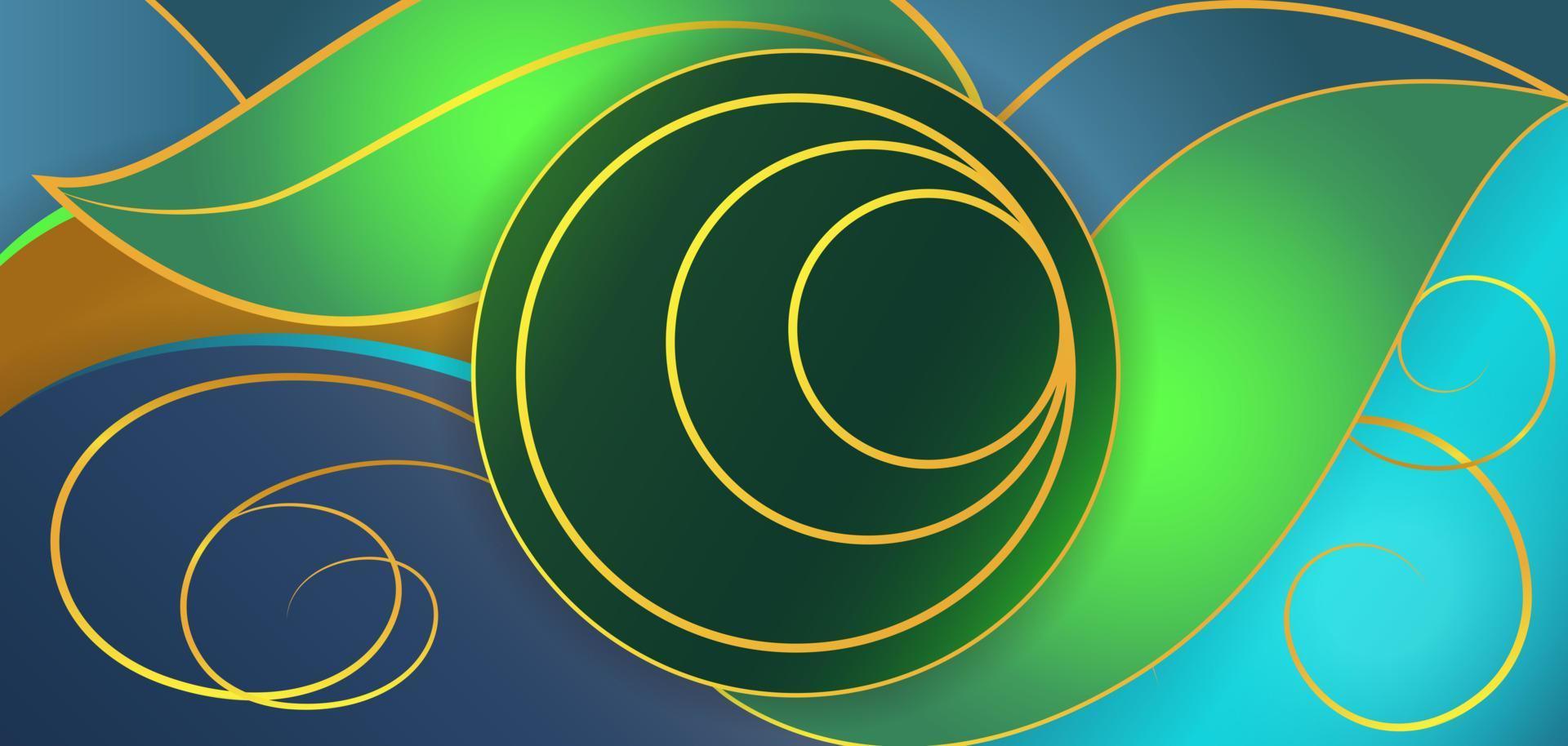 A set of dark green circles with a gold circle line inside in the middle. There was a picture of a leaf with golden lines abstract style adorned around it. It has a circular shape for the logo. vector